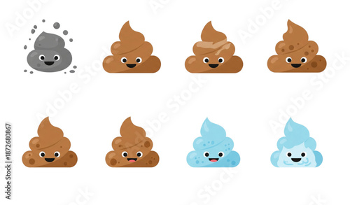Digestive health stool type chart with cute poop icons flat vector illustration isolated on transparent background