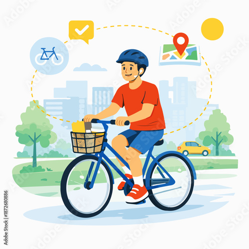 Illustration of a man cycling in the city, promoting eco-friendly transportation and active healthy lifestyle.