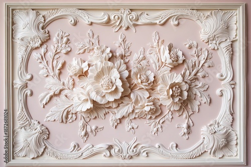 Ornate neoclassical architectural molding features three dimensional floral relief sculpture against a pale pink background