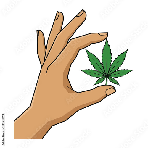 A hand delicately holding a vibrant green cannabis leaf illustrating a concept of growth or cultivation