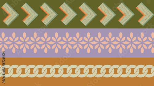 Decorative horizontal bands showcase geometric chevrons, floral motifs, and interlocking chain patterns for visual appeal