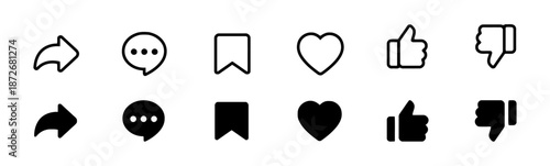Social Media Icons Set of Share Comment Bookmark Like and Dislike