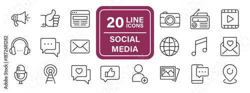 Social Media Line Icons Set Featuring Symbols of Communication, Networking, Content Creation, and Sharing Representing Themes of Online Engagement and Digital Marketing