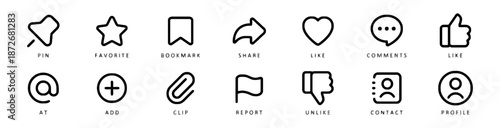 Social media line icons set of pin favorite bookmark share like comments at add clip report unlike contact and profile thin linear design for website and mobile app isolated vector illustration