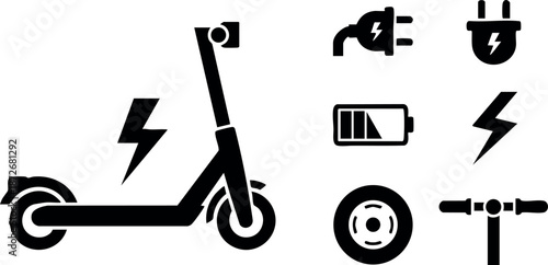 Electric scooter and battery charging icons set with lightning bolt symbols in black vector design
