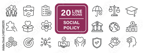 Social policy line icons set regulation and safety for people family with umbrella and puzzle flat vector illustration concept