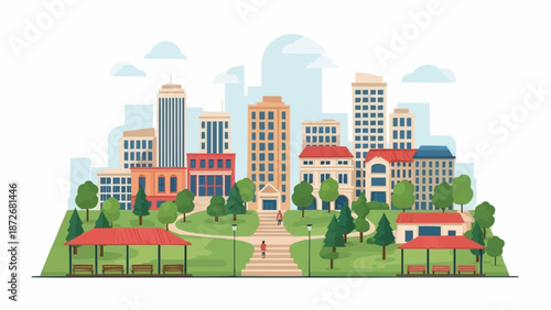 Vibrant cityscape illustration with modern buildings and green park spaces.