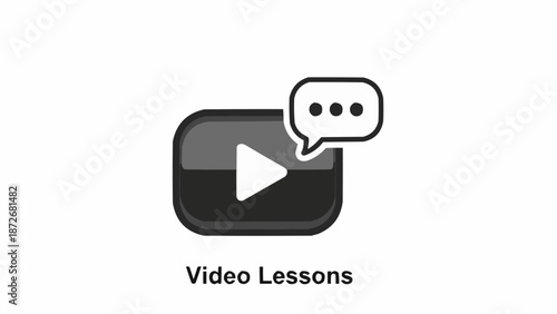 Video Lessons Play Button Icon with Speech Bubble.