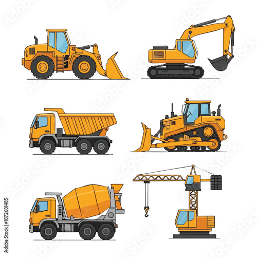 Construction vehicles set with excavator crane and dump truck.