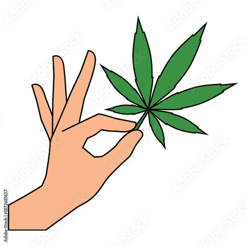 A hand making the okay sign next to a vibrant green cannabis leaf illustration