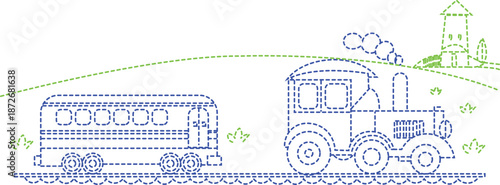 Kindergarten Learning Doodle Elements Charming vintage steam train embroidery design featuring an engine and passenger car on tracks