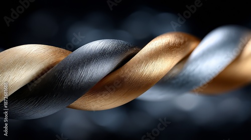 Metallic gold and silver wires intertwining, forming double helix pattern representing interconnected relationship against blurred dark backdrop with soft light bokeh