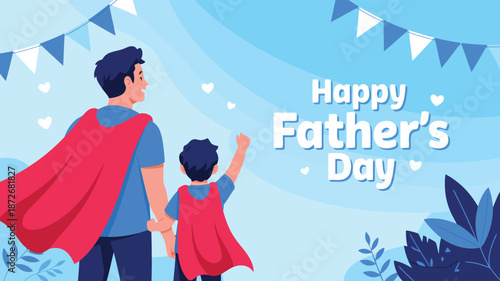 Father and son in superhero capes with the son raising his hand on Happy Fathers Day