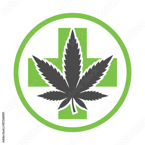 A vibrant green circular logo featuring a cannabis leaf superimposed on a medical cross symbol