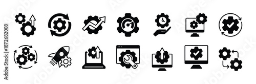 Solid black gear icons representing settings configuration development startup efficiency progress and optimization for business processes and technical solutions