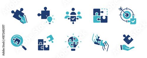 Solutions icon set for puzzle concept in business and matching for problems resolution