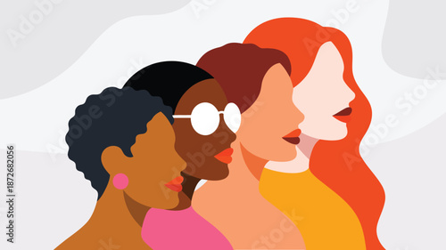 Group of diverse women profiles showcasing solidarity and strength with varied skin and hair tones