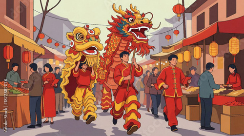 Vector illustration : chinese lion dance costume, traditional parade performance, chinese lanterns, chinatown outdoors, people - Chinese New Year Lunar celebration, Beijing travel, tourism, luck