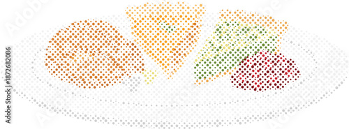 Artistic dotted illustration featuring a variety of sweet and savory dishes on a plate isolated on transparent background, Vector