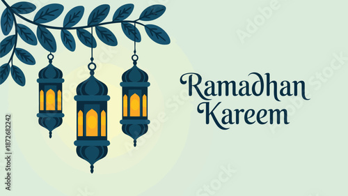 Peaceful illustration displaying hanging decorative lanterns and a branch on a gentle green Ramadhan greeting