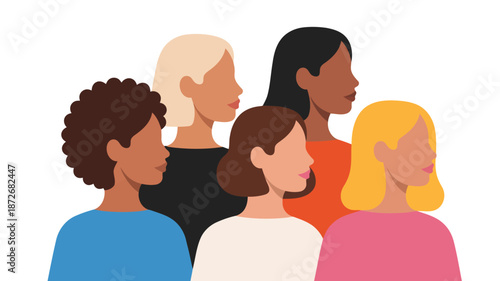 Six diverse women in profile displaying a range of skin tones and hairstyles against a white background
