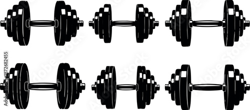 Set of six black dumbbells for strength training and fitness workouts vector illustration