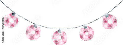 Pink pixelated donut string lights creating a charming festive garland decoration isolated on transparent background, Vector