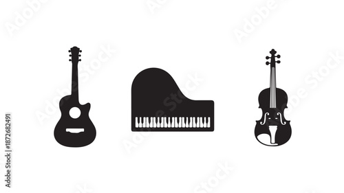 Musical Instruments Silhouette Set in Simple Modern Design with Black Color Scheme on White Background for Music Education