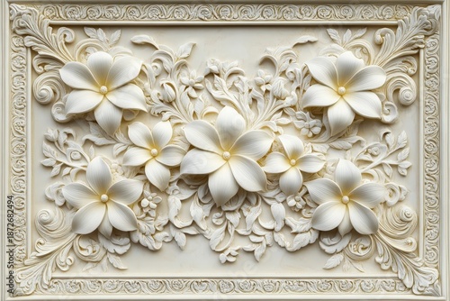 Intricate floral bas-relief sculpture adorns a decorative architectural panel