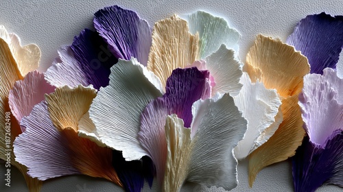 Colorful overlapping ginkgo leaves forming gradient pattern, creating textured backdrop with artistic depth and visual richness