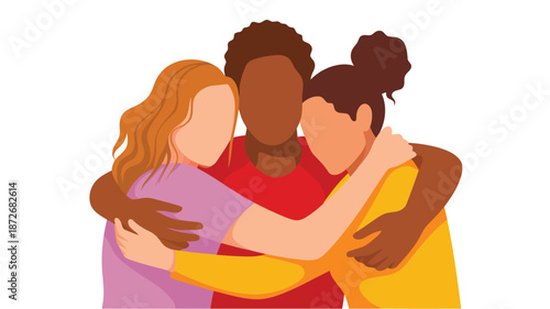 Three diverse people embracing each other in a warm group hug showing unity and support