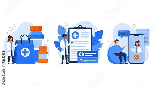 Depicting essential modern healthcare services, this illustration features pharmacy and medication delivery, secure digital patient records, and convenient telemedicine consultations.