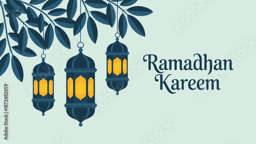 Three beautiful glowing Islamic lanterns hang from a dark leafy branch with Ramadhan Kareem text
