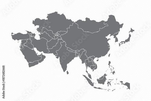 High-Contrast grey Silhouette Map of Asia with Country Borders.