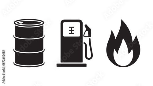 Fuel Icons Set in Simple Flat Design with Black Color on White Background for Energy Industry