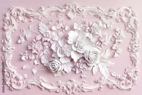 Intricate three dimensional floral bas-relief design framed within ornate baroque molding against a soft pink background