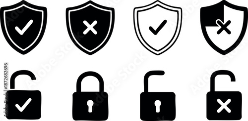 Security and Privacy Icon Set with Lock and Shield Symbols for User Interface Design and Protection Concepts