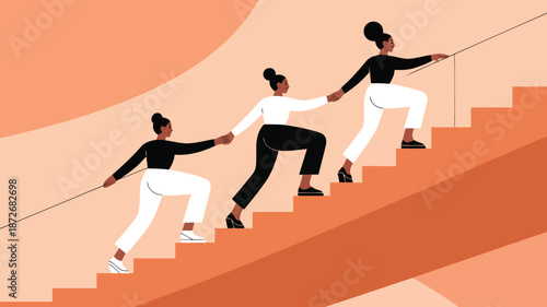 Three diverse women ascend a staircase together, hand in hand, showing strong teamwork and mutual support