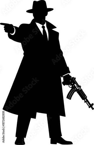 Black silhouette of vintage gangster in fedora hat, trench coat, tie, standing confidently while pointing finger and holding assault rifle