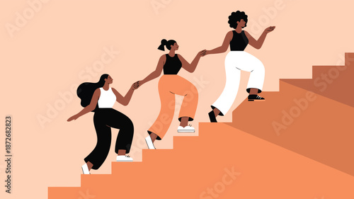 Three diverse women holding hands and stepping up a light orange staircase showing collective progress