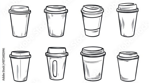 Artistic Hand-Drawn Coffee Cups Collection: Black and White Sketch Style Disposable Drink Containers