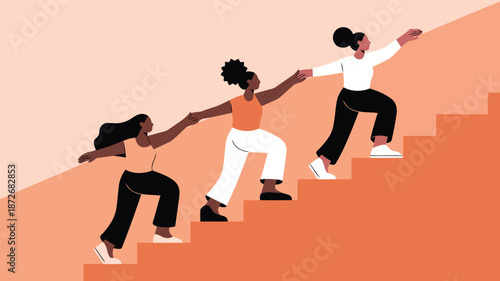 Three diverse women support each other while ascending a flight of stairs towards their shared goals