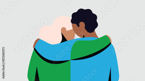 Two diverse individuals share a comforting embrace illustrating support, care, and human connection