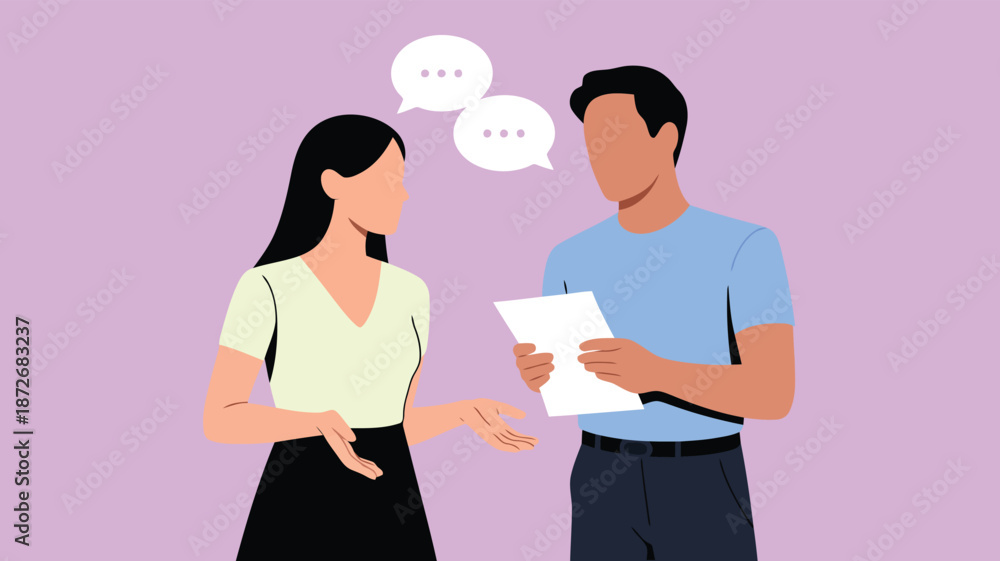 Obraz premium Two diverse people are engaged in a business discussion holding documents with speech bubbles