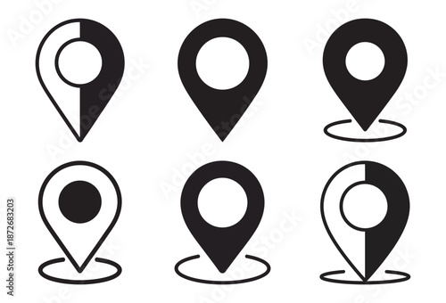 Set of black and white location pin icons with different styles for design projects