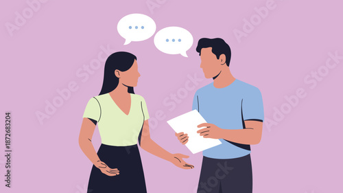Two individuals engage in a thoughtful discussion with speech bubbles indicating communication and exchange of ideas