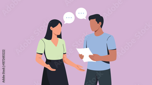Two individuals having a dialogue with speech bubbles and paper on a purple background