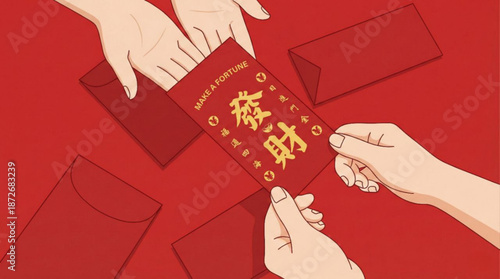 Vector illustration of hands giving and receiving chinese red envelope - Chinese New Year festive, Lunar celebration, luck, prosperity, wealth blessings, gift, money, good fortune symbol