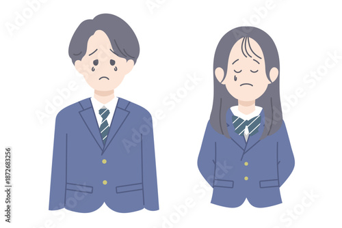 悲しい表情をしている学生男女のイラスト