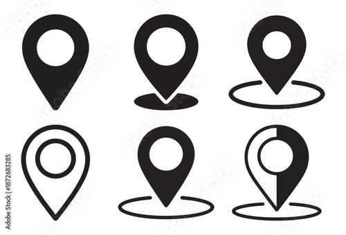 A collection of six diverse location pin icons in black and white for navigation interfaces